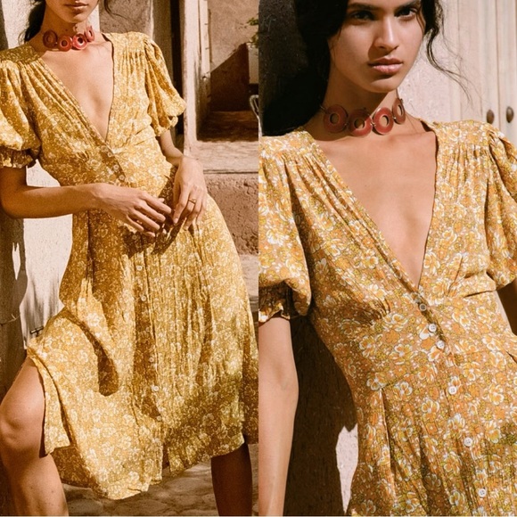 NWT Faithfull the Brand Rafa Dress V-Neck Puff Sleeve Saffron Delphine Floral 4 - Picture 1 of 14